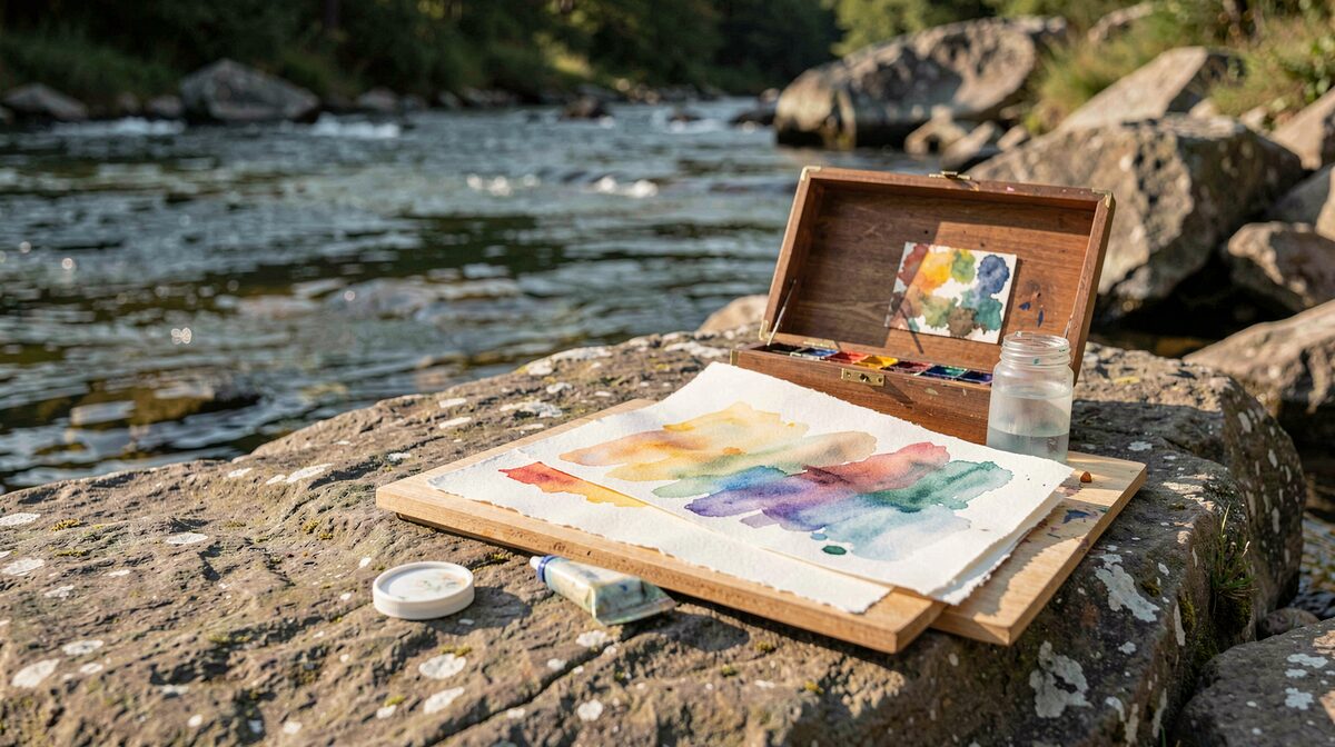 A wooden paint box open on a flat rock beside a river, a stretched sheet of watercolour paper on a board, a capped water container, morning light from the left, wide shot.